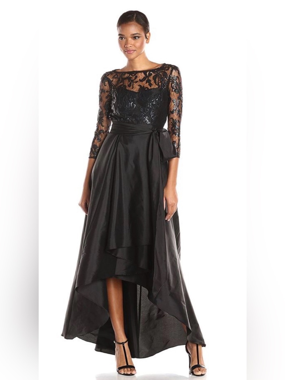 Adrianna Papell Black Long-Sleeve Beaded Illusion Gown with Waist Bow